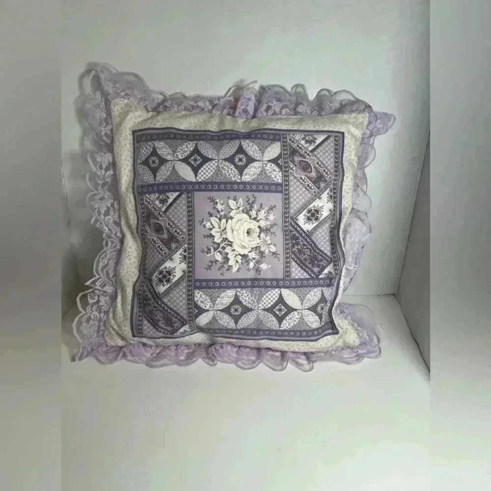 Vintage Cottage-core Lace Embroidered/ Quilted Pillow
